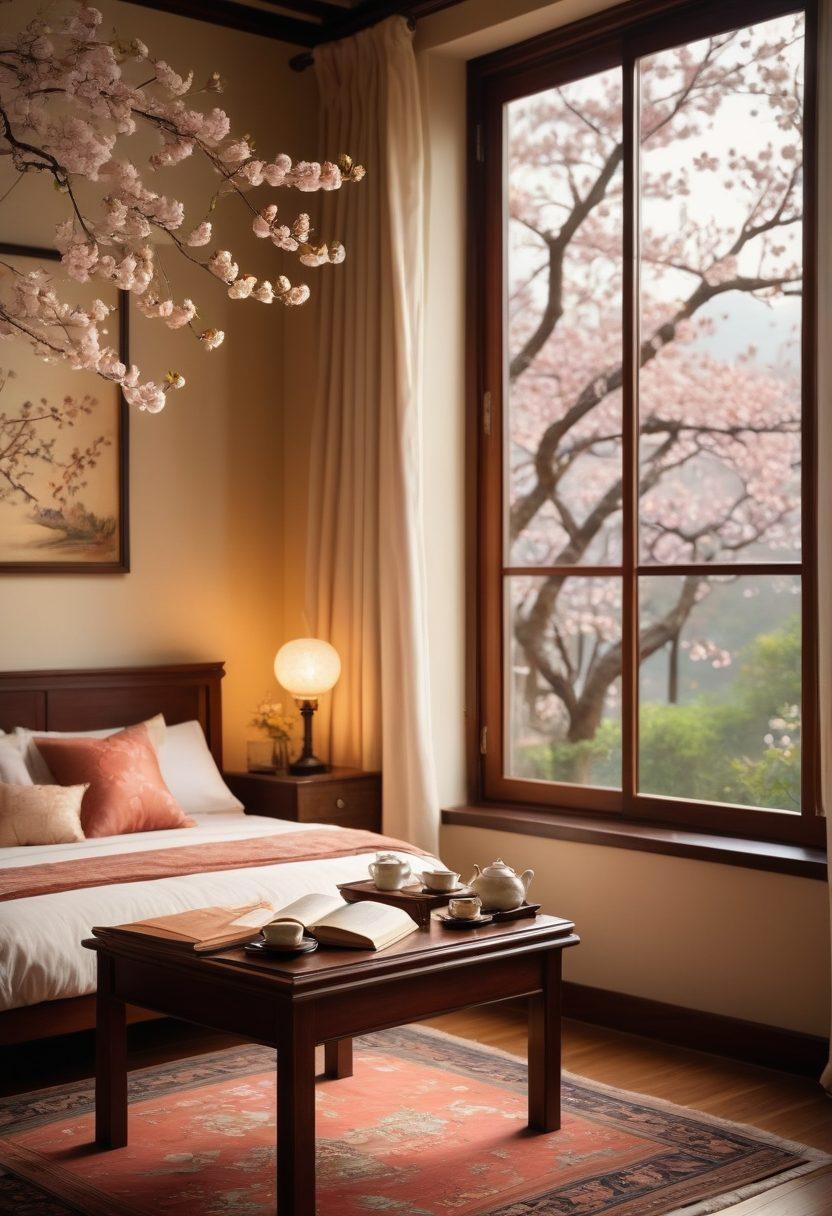An elegant, serene bedroom setting bathed in soft, warm light, featuring intricate Asian decor such as silk cushions, a delicate tea set, and an open book filled with sensual illustrations. A subtle hint of nature can be seen through the window, with cherry blossoms softly swaying in the breeze. A faint glow gives a sense of allure and mystery to the atmosphere. super-realistic. warm tones. soft focus.