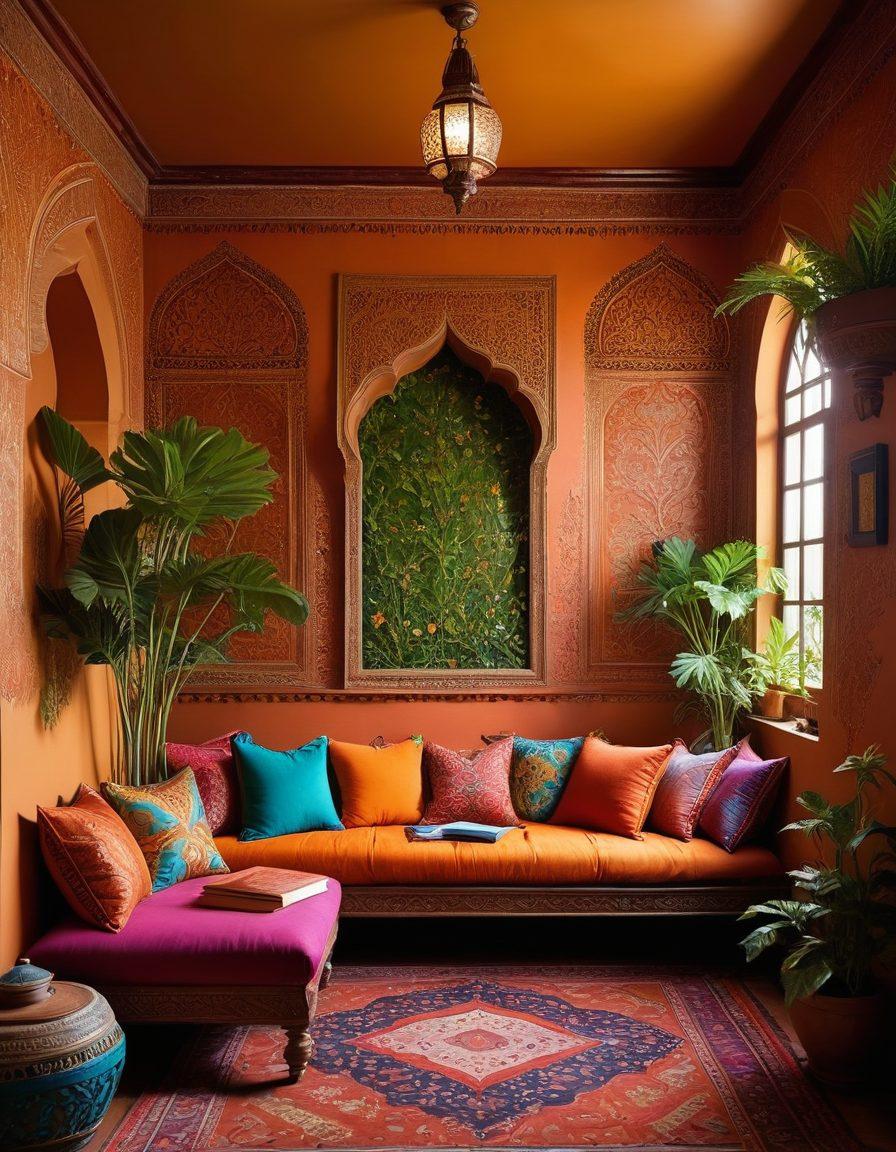 A captivating blend of traditional and modern elements showcasing a vibrant Indian setting with intricate henna patterns, a cozy reading nook adorned with plush cushions and soft lighting. In the background, colorful art pieces representing sensual themes intertwine with lush greenery. A glimpse of a mystical book with shimmering pages hints at the journey from fantasy to reality. The atmosphere evokes a sense of warmth, intimacy, and cultural richness. super-realistic. vibrant colors. cozy ambiance.