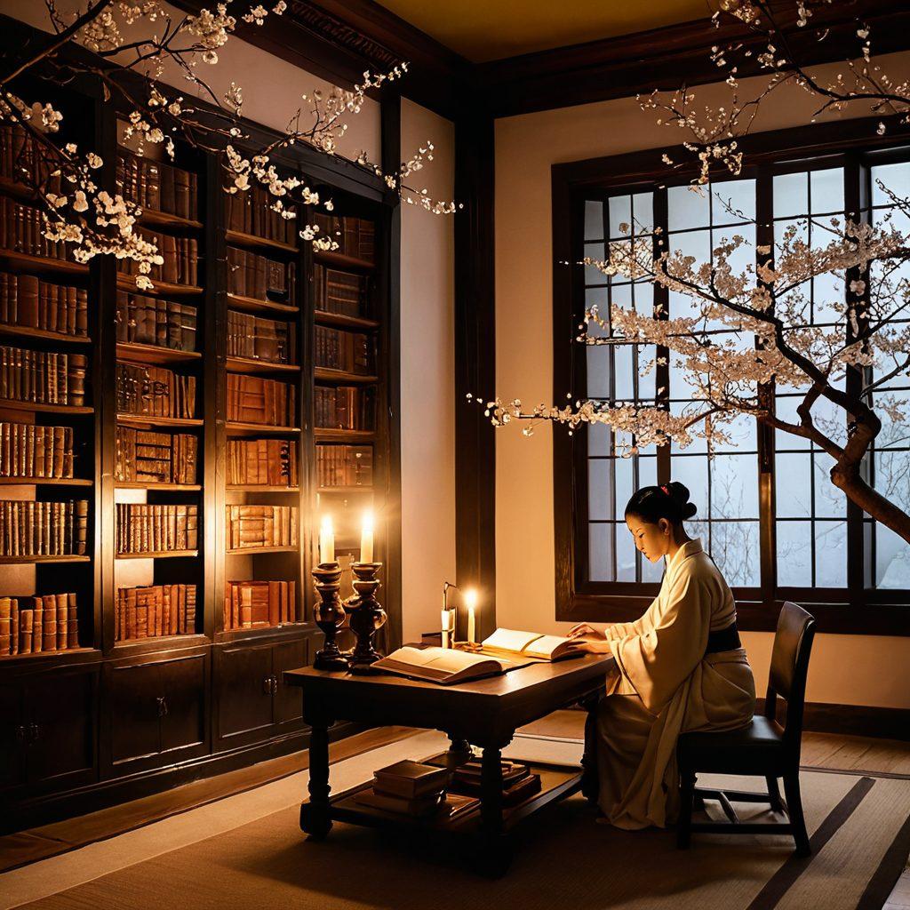 A mysterious and enchanting library filled with ancient Asian scrolls and leather-bound books, illuminated by soft candlelight. Silhouettes of elegant figures in traditional attire are immersed in reading, surrounded by enticing elements like ink and brush. Artistic motifs of blossoming cherry blossoms and subtle shades of gold accentuate the scene. super-realistic. warm tones. soft glow.